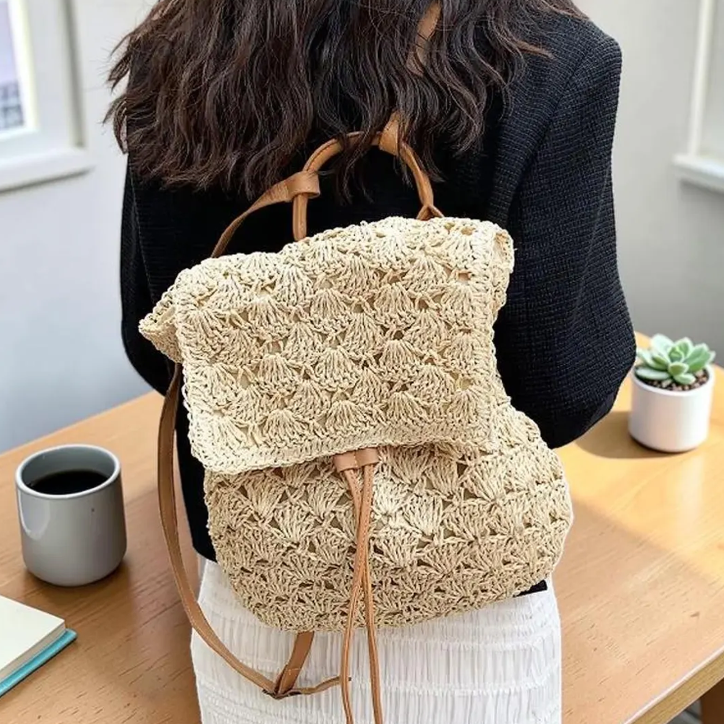 Warm Beige Fan Knit Woven Drawstring Rucksack With Tan Trimmed Top Handle, Overlay Front Flap And Slim Leather Shoulder Straps