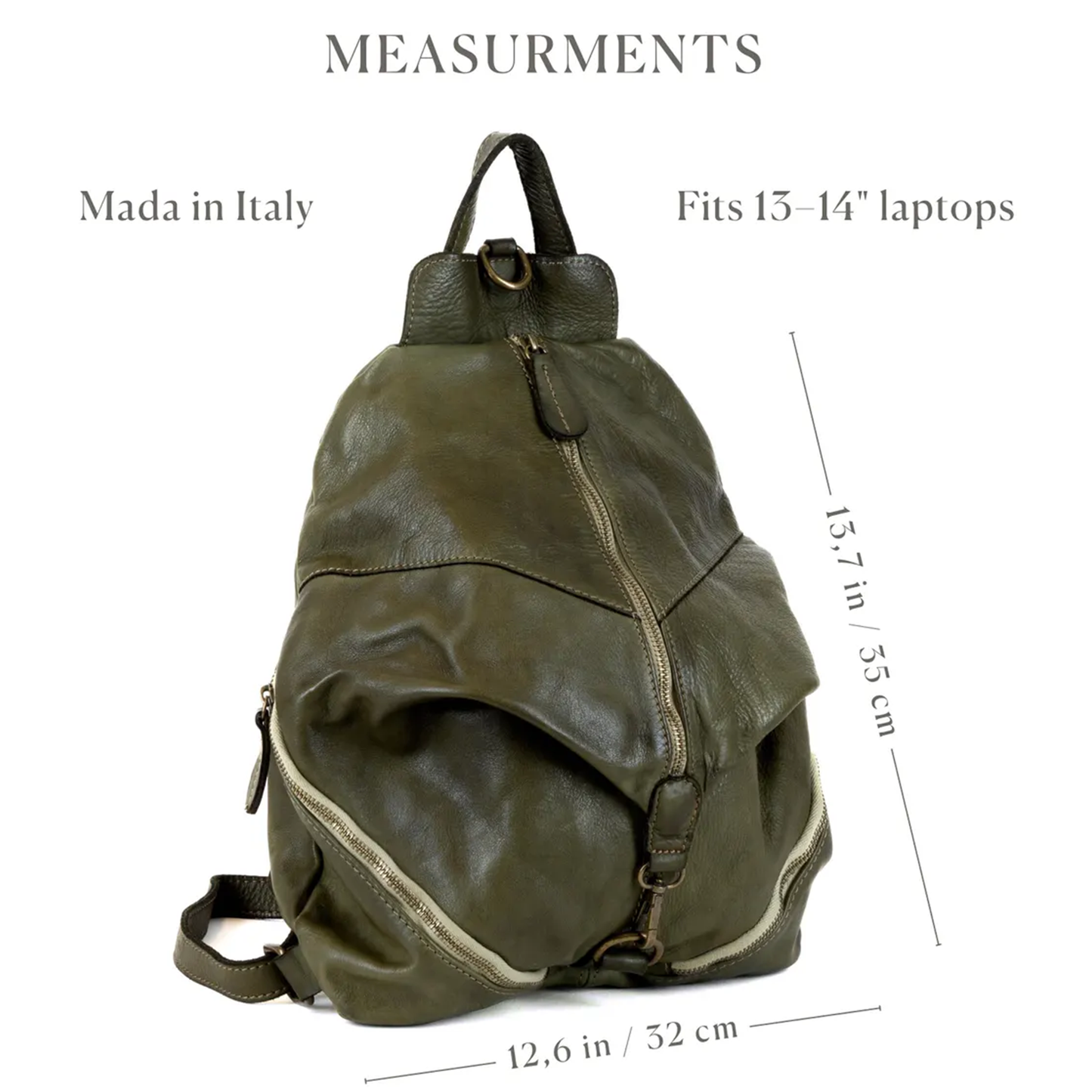 Deep Olive Green Unstructured Teardrop Rucksack With Dual Vertical Zipper Tracks, Antique Metal Ring Hardware And Wide Matching Back Support Straps