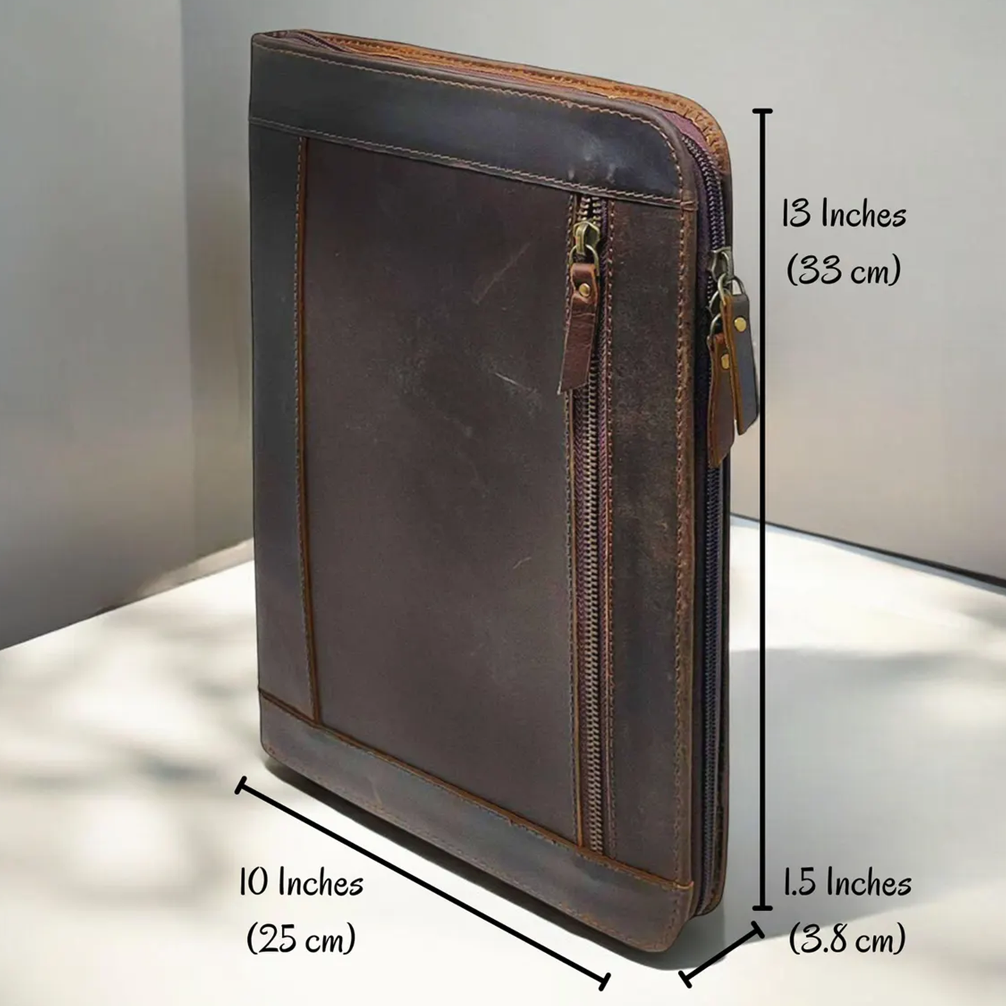 Deep Aged Brown Tall Rectangular Business Portfolio With Full Height Vertical Side Zipper, Leather Pull Tab And Precision Full Perimeter Edge Stitching