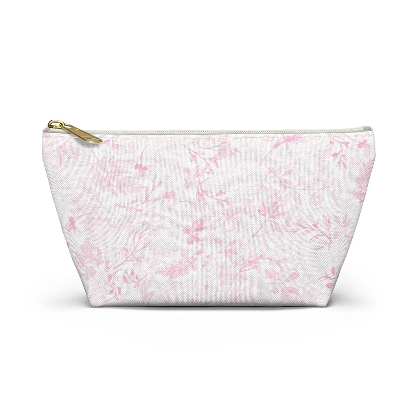 Dual-Tone Sketch Floral Trapezoid Standing Zipper Pouch With Golden Metal Zipper Pulls, Flat Wide Base And Large Open Inner Storage Compartment