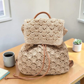 Warm Beige Fan Knit Woven Drawstring Rucksack With Tan Trimmed Top Handle, Overlay Front Flap And Slim Leather Shoulder Straps