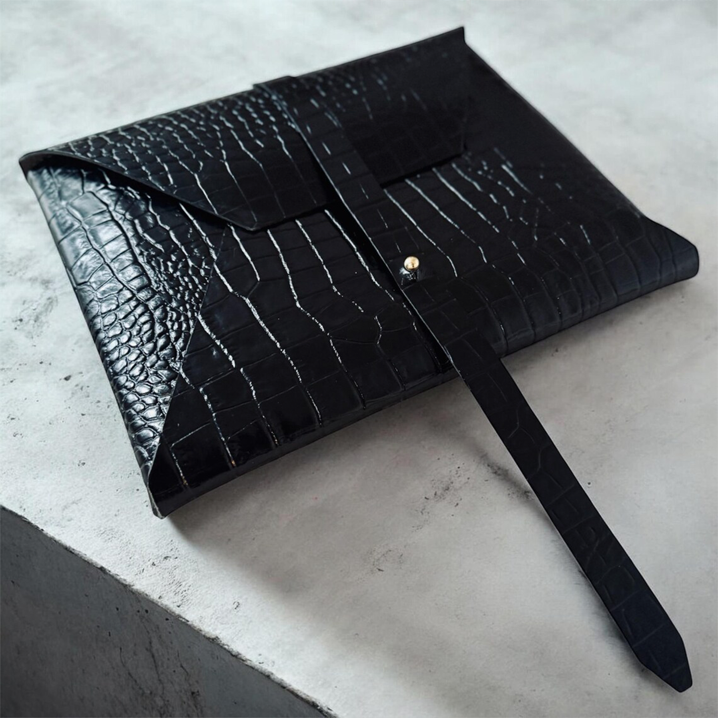 Glossy Black Scale Embossed Envelope Portfolio Clutch With Triangular Fold Flap, Front Locking Strap And Mini Gold Stud Fastener