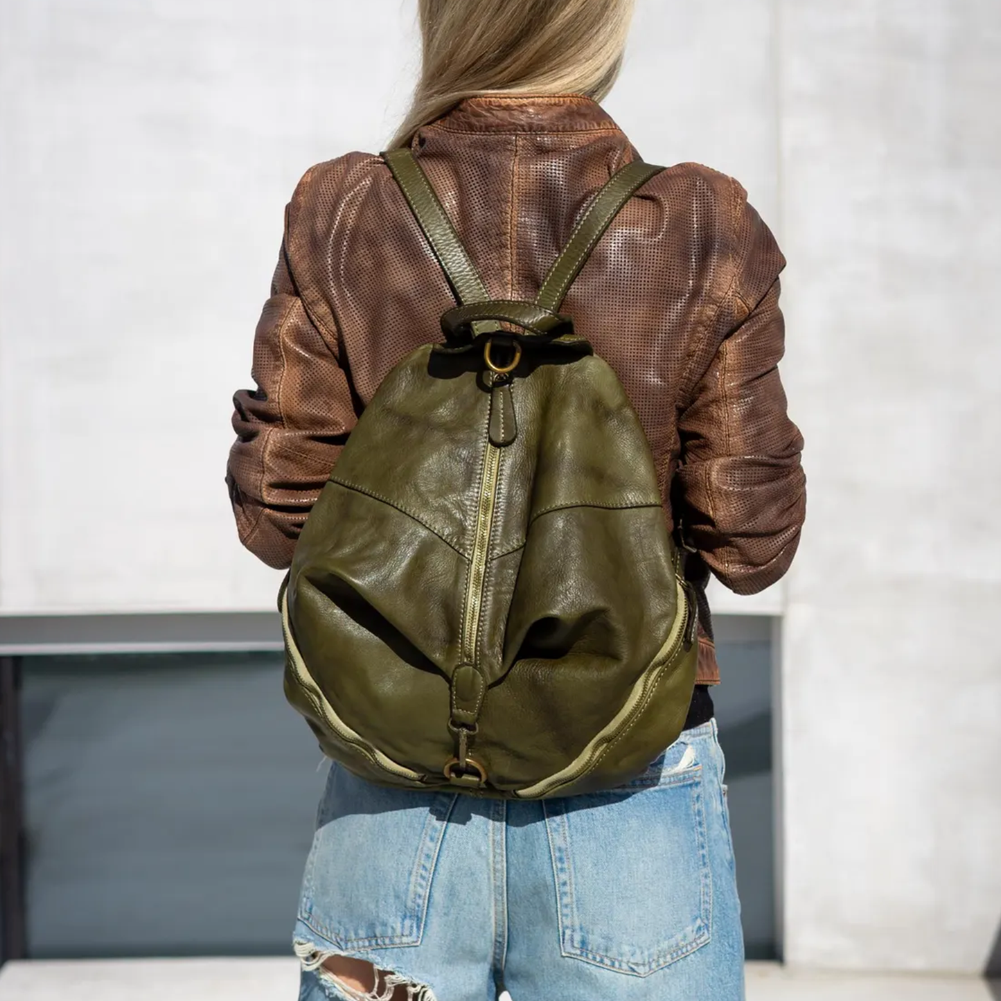Deep Olive Green Unstructured Teardrop Rucksack With Dual Vertical Zipper Tracks, Antique Metal Ring Hardware And Wide Matching Back Support Straps