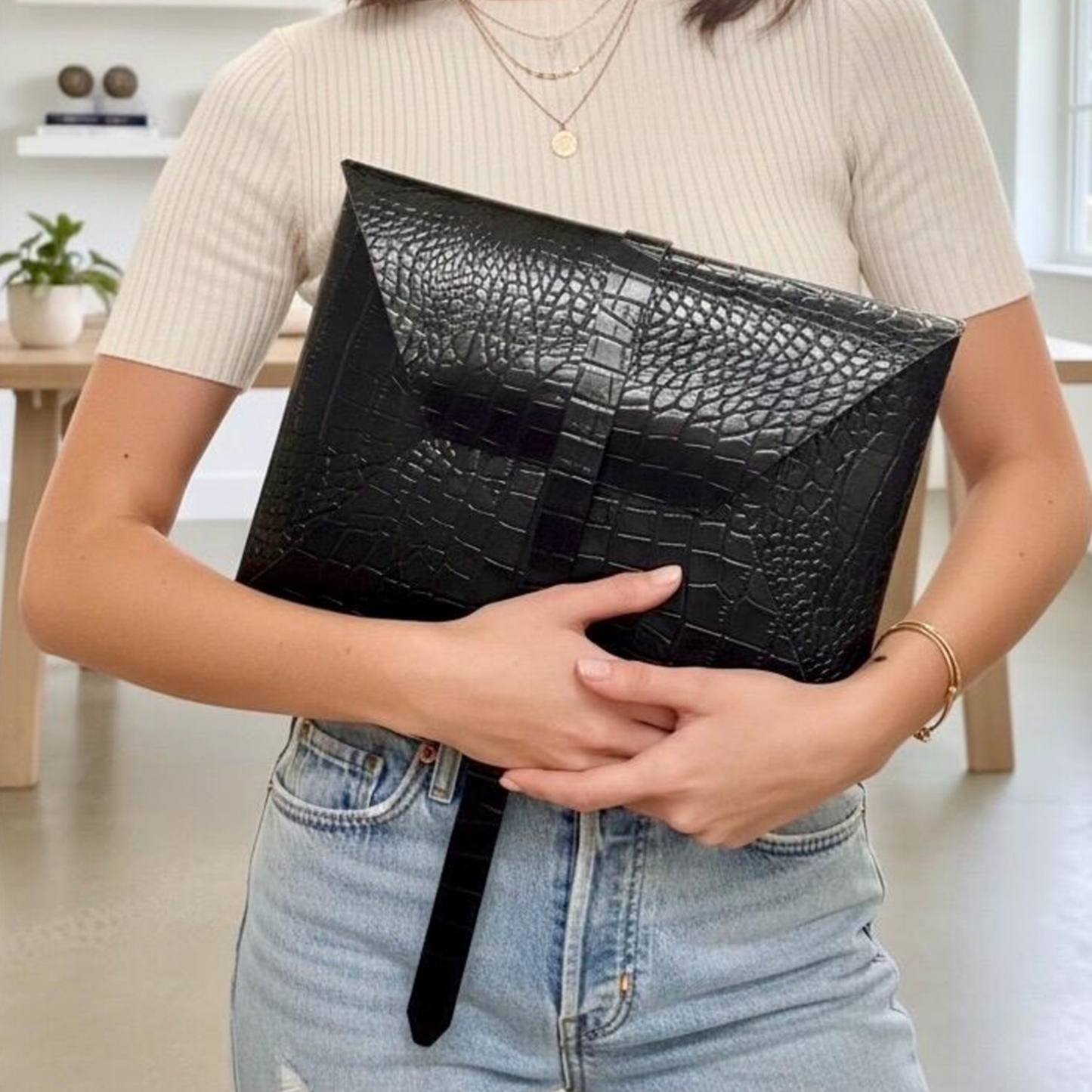 Glossy Black Scale Embossed Envelope Portfolio Clutch With Triangular Fold Flap, Front Locking Strap And Mini Gold Stud Fastener
