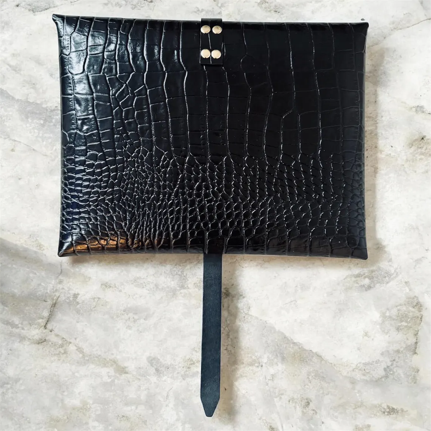 Glossy Black Scale Embossed Envelope Portfolio Clutch With Triangular Fold Flap, Front Locking Strap And Mini Gold Stud Fastener