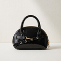 Solid Black Gloss Crinkled Arched Dome Mini Handbag With Short Curved Top Grips, Gold Tone Eyelet Decorative Strap And Base Protective Round Feet