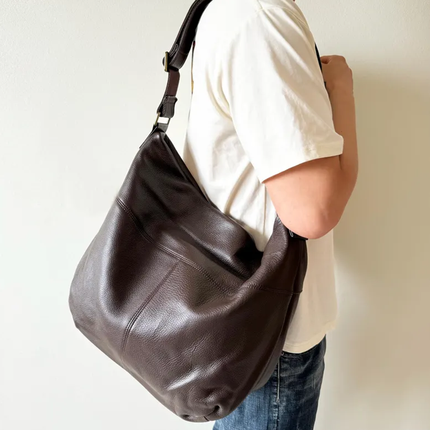 Deep Coffee Brown Oversized Slouch Hobo Shoulder Bag With Slide Hardware Strap, Multi Zipped Storage Compartments And Expandable Roomy Main Cavity
