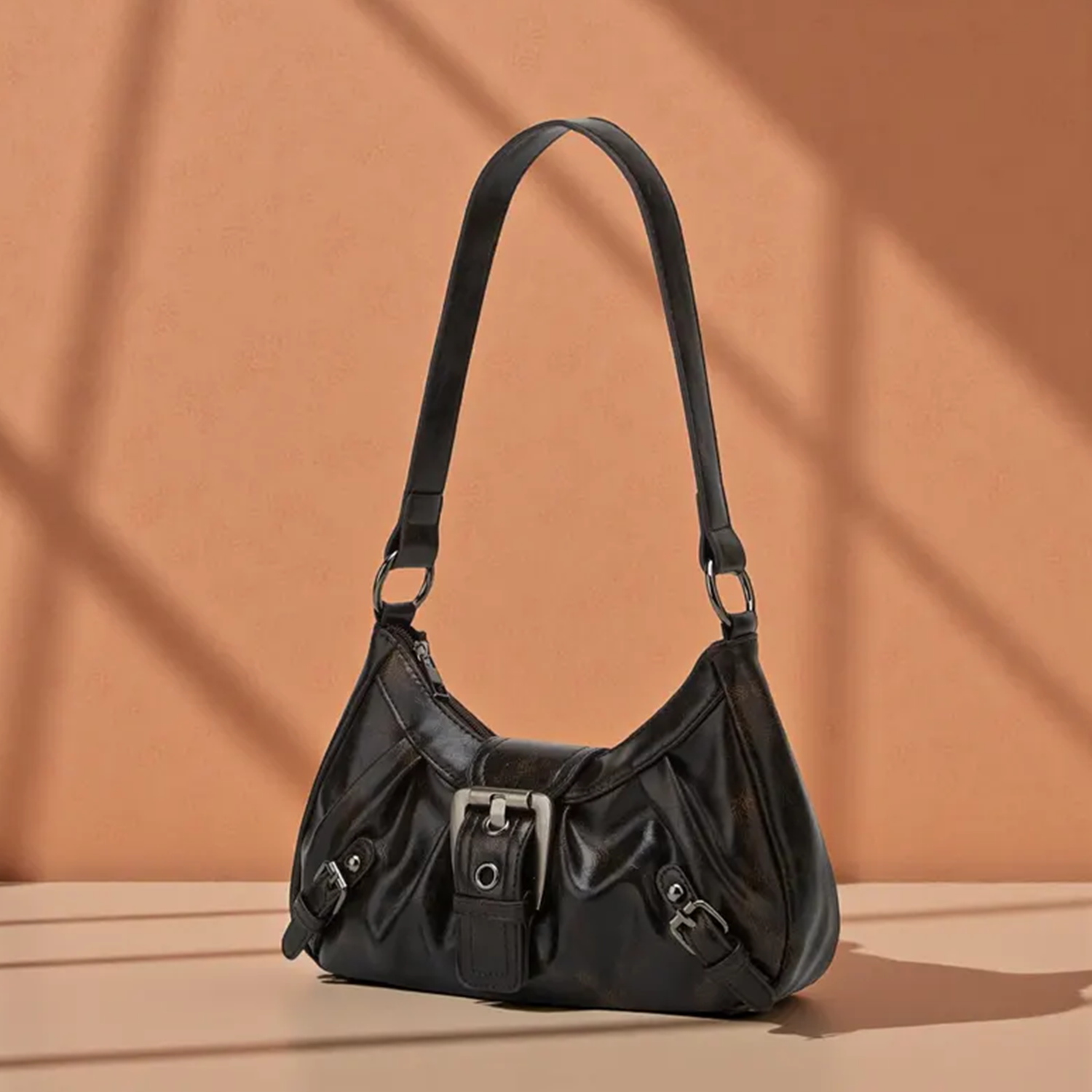Faded Vintage Black Gathered Pleated Armpit Handbag With Central Metal Buckle Flap, Side Decorative Fastener Tabs And Wide Single Shoulder Strap