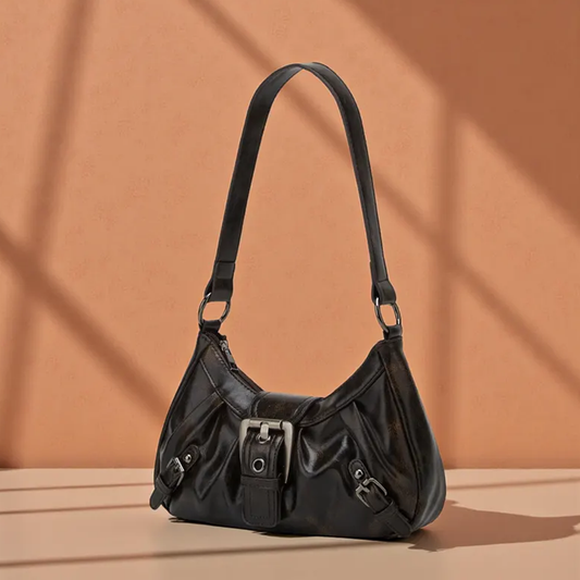 Faded Vintage Black Gathered Pleated Armpit Handbag With Central Metal Buckle Flap, Side Decorative Fastener Tabs And Wide Single Shoulder Strap