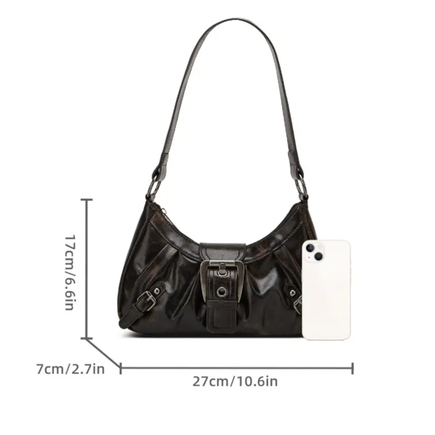 Faded Vintage Black Gathered Pleated Armpit Handbag With Central Metal Buckle Flap, Side Decorative Fastener Tabs And Wide Single Shoulder Strap