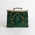 Emerald Gold Floral Jacquard Frame Handbag With Antique Brass Lock Clasp Bar, Compact Curved Top Grip And Side Metal Shoulder Ring Fittings