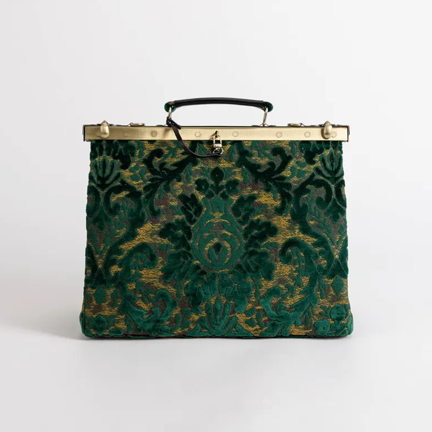 Emerald Gold Floral Jacquard Frame Handbag With Antique Brass Lock Clasp Bar, Compact Curved Top Grip And Side Metal Shoulder Ring Fittings