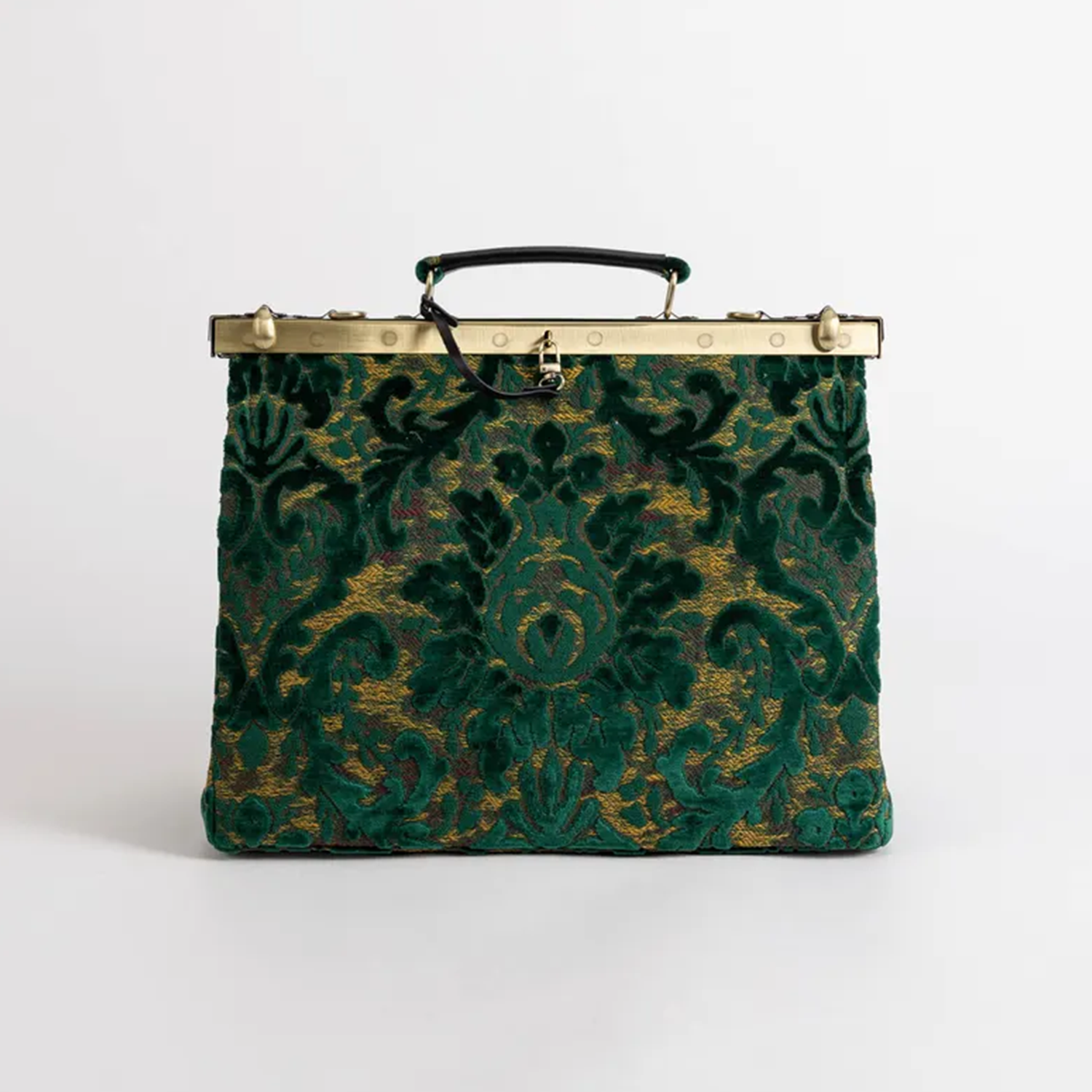 Emerald Gold Floral Jacquard Frame Handbag With Antique Brass Lock Clasp Bar, Compact Curved Top Grip And Side Metal Shoulder Ring Fittings