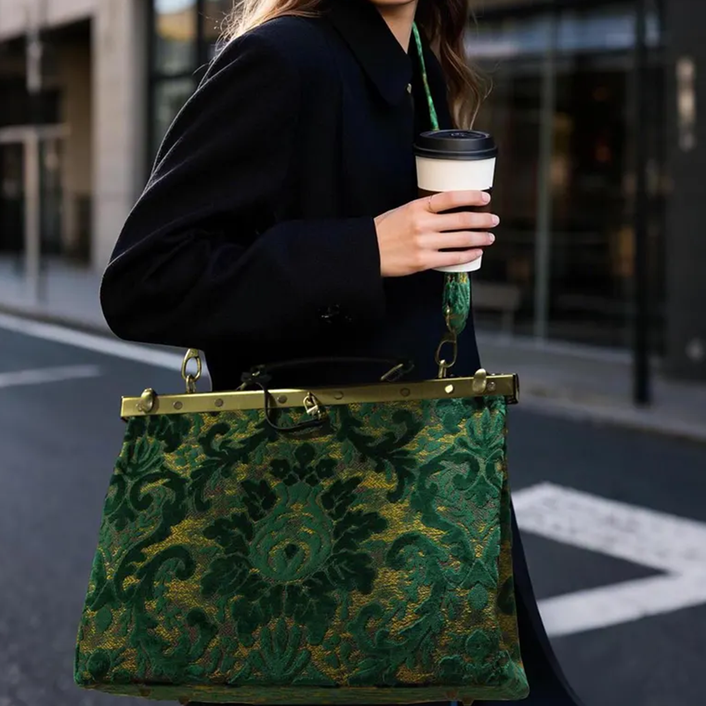 Emerald Gold Floral Jacquard Frame Handbag With Antique Brass Lock Clasp Bar, Compact Curved Top Grip And Side Metal Shoulder Ring Fittings