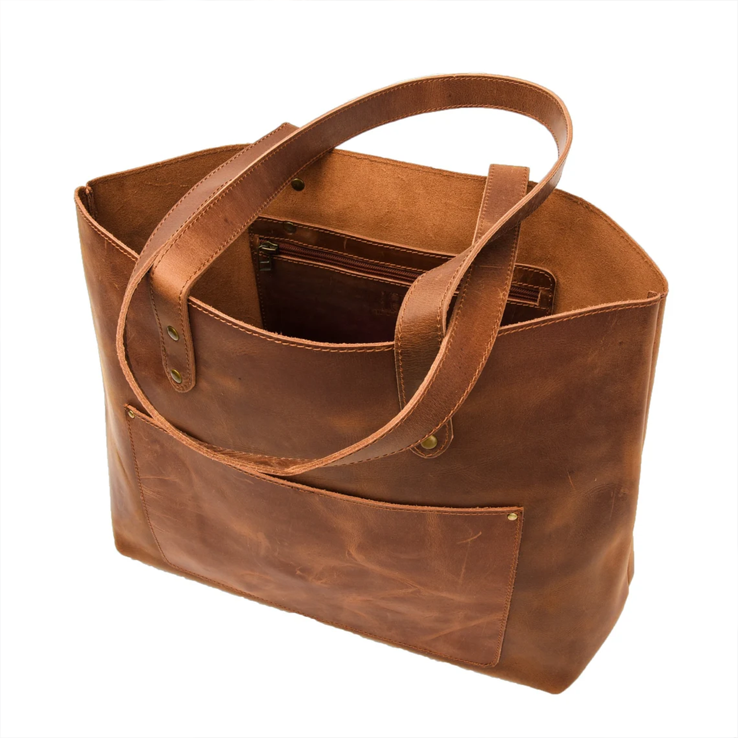 Warm Saddle Brown Expansive Rectangular Tote Bag With Stud Reinforced Shoulder Straps, Front Slip Pocket And Interior Zipped Storage Slot