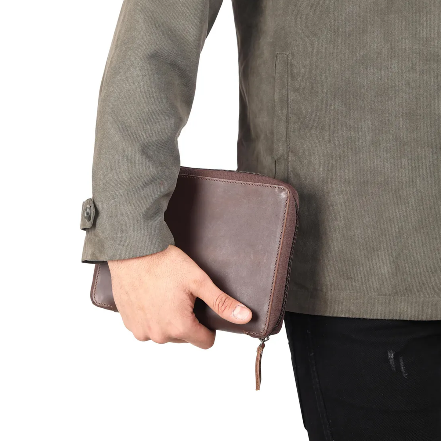 Vintage Brown Slim Zip-Around Rectangular Portfolio Clutch With Full Perimeter Stitching, Fabric Zipper Pull Tab And Multi-Compartment Inner Storage Layout