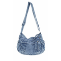 Faded Light Wash Blue Textured Hobo Handbag With Dual Front Zipper Compartments, Stitched Patch Pockets And Gathered Expandable Side Panels