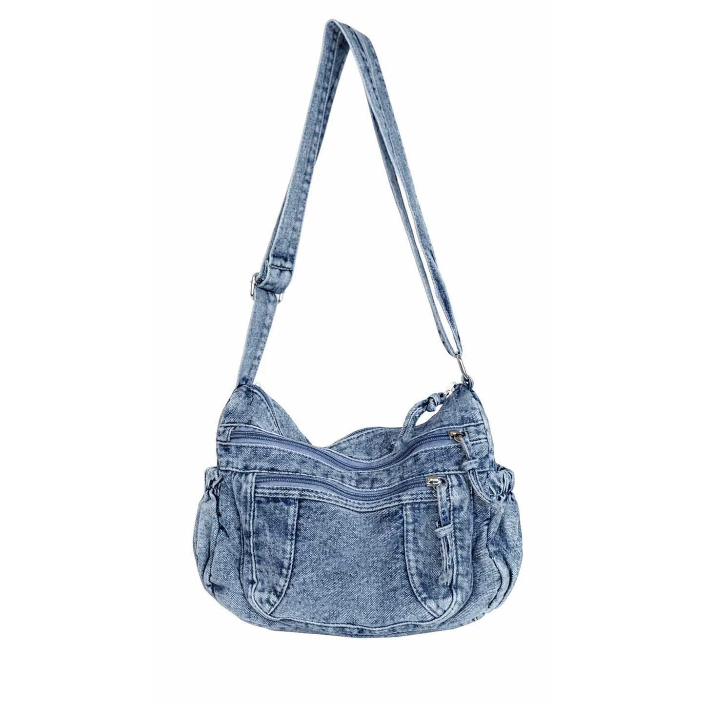 Faded Light Wash Blue Textured Hobo Handbag With Dual Front Zipper Compartments, Stitched Patch Pockets And Gathered Expandable Side Panels