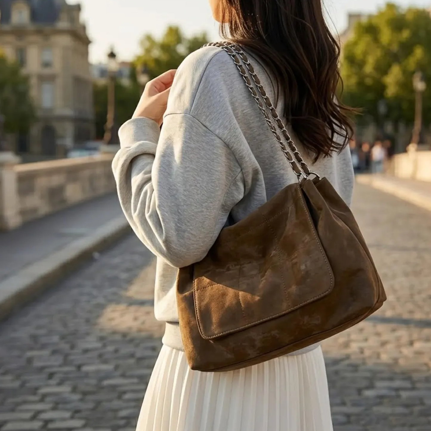 Faded Cocoa Brown Grid Stitch Slouch Shoulder Bag With Dual Interwoven Metal Chain Straps, Layered Front Flap Pocket And Spacious Draped Main Compartment