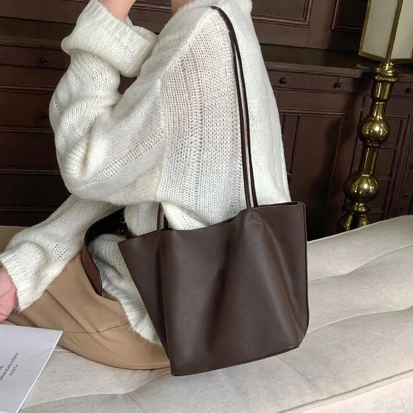 Deep Chocolate Brown Slouchy Bucket Tote Bag With Slim Elongated Shoulder Straps, Hardware-Free Minimalist Silhouette And Roomy Open-Top Inner Cavity