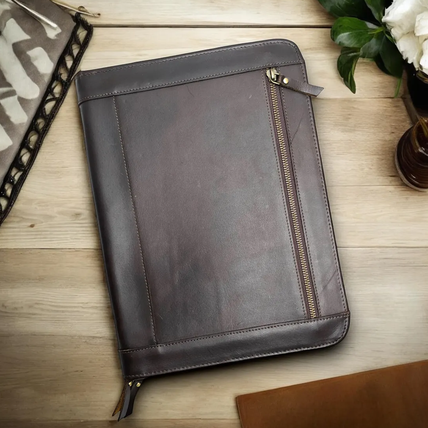 Deep Aged Brown Tall Rectangular Business Portfolio With Full Height Vertical Side Zipper, Leather Pull Tab And Precision Full Perimeter Edge Stitching