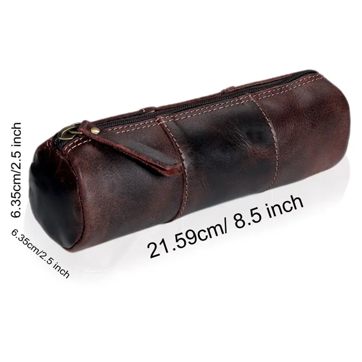 Weathered Dark Brown Cylindrical Stationery Pouch With Segmented Stitched Panels, Full Length Top Zipper And Metal Stud Reinforced Fabric Pull Tab