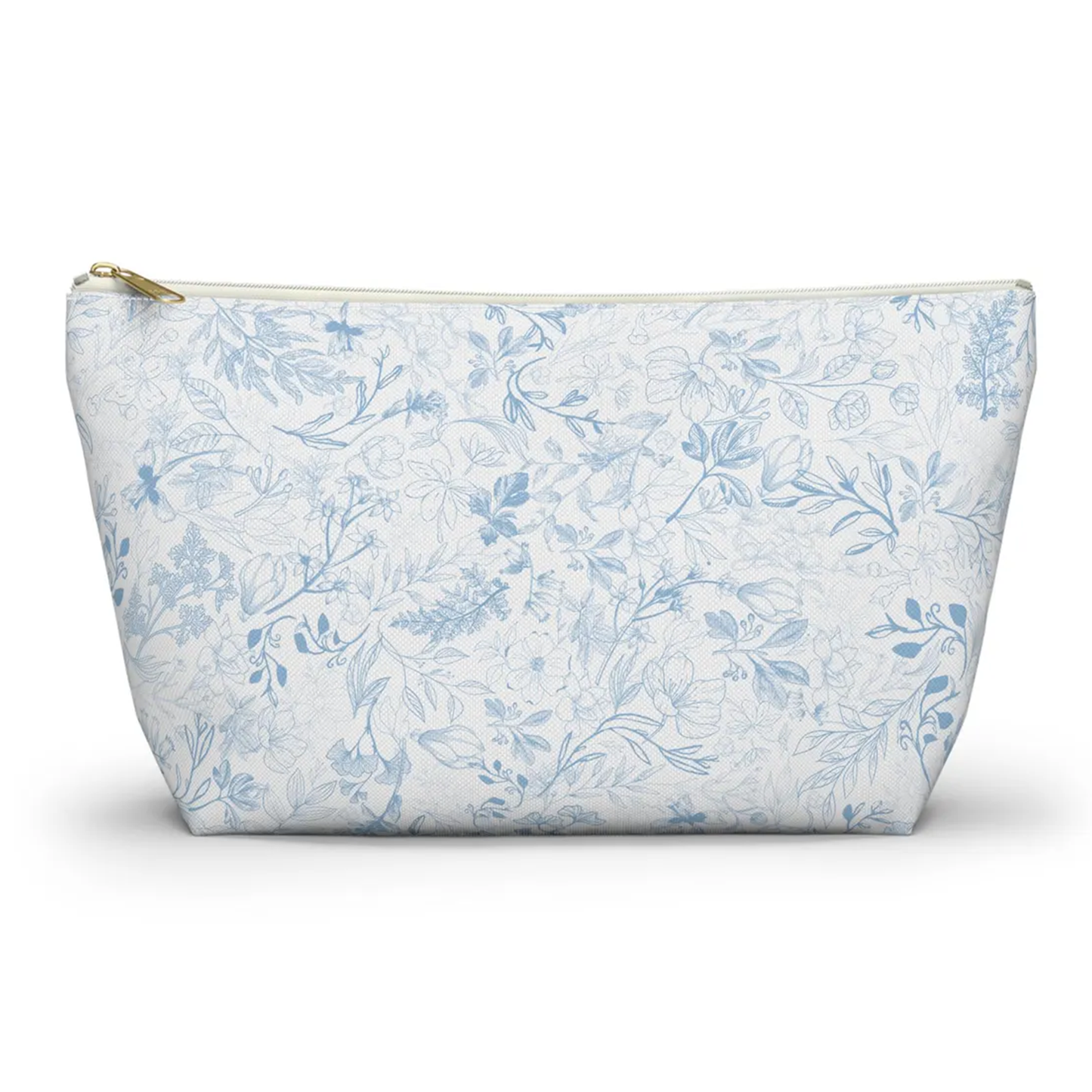 Dual-Tone Sketch Floral Trapezoid Standing Zipper Pouch With Golden Metal Zipper Pulls, Flat Wide Base And Large Open Inner Storage Compartment