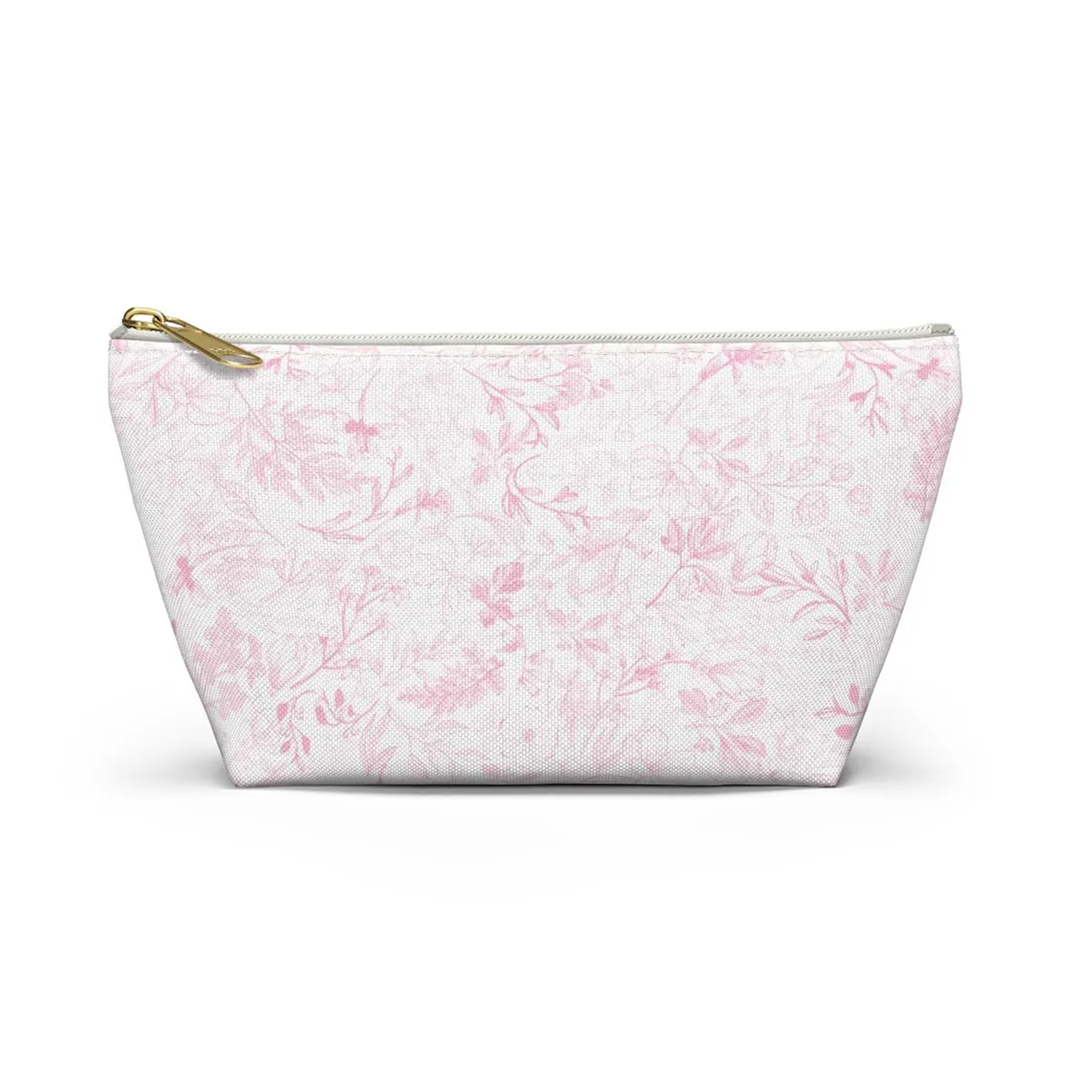 Dual-Tone Sketch Floral Trapezoid Standing Zipper Pouch With Golden Metal Zipper Pulls, Flat Wide Base And Large Open Inner Storage Compartment