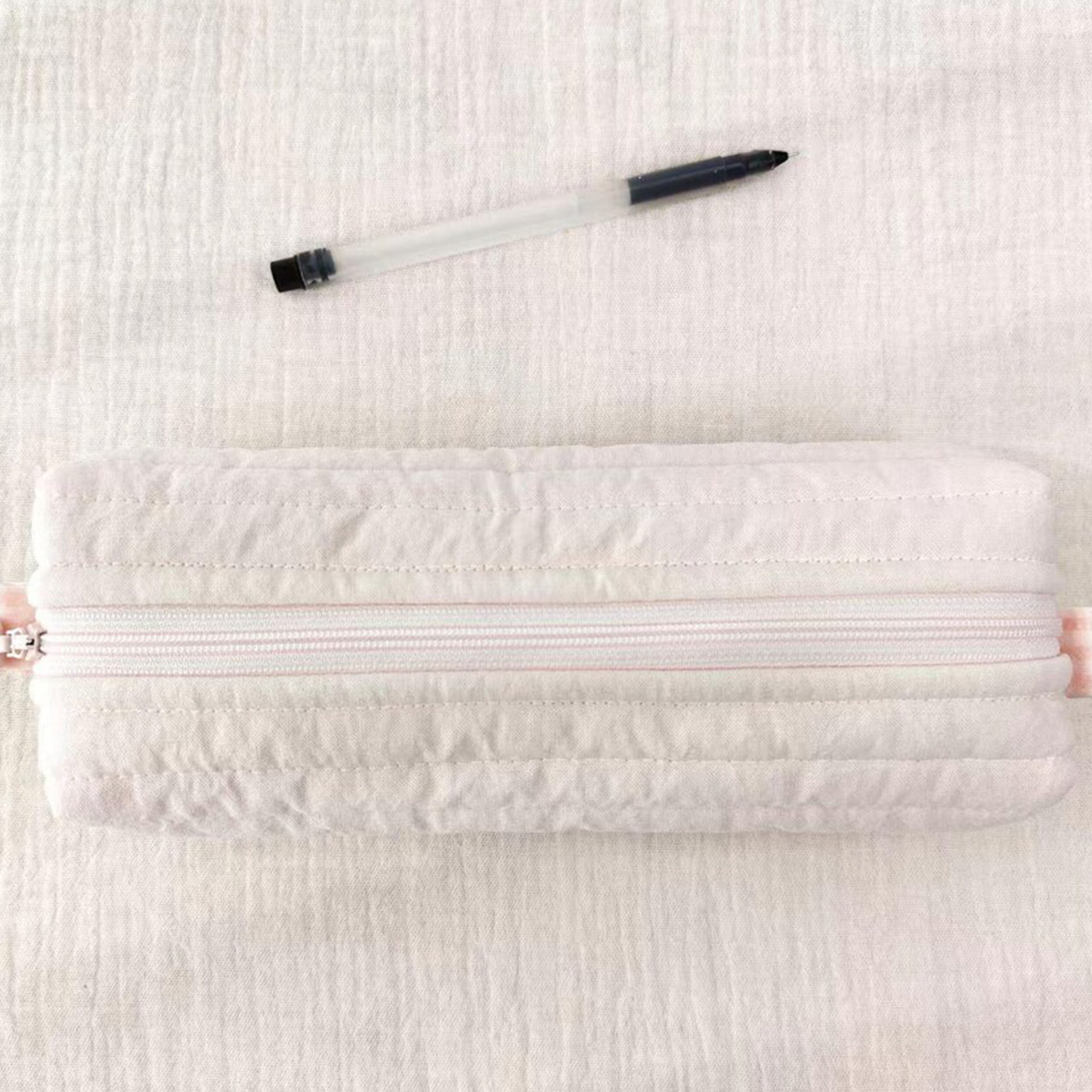 Horizontal Quilted Rectangular Stationery Pouch With Floral Shaped Zipper Pulls, Checkered Fabric End Tabs And Slim Elongated Inner Storage Cavity