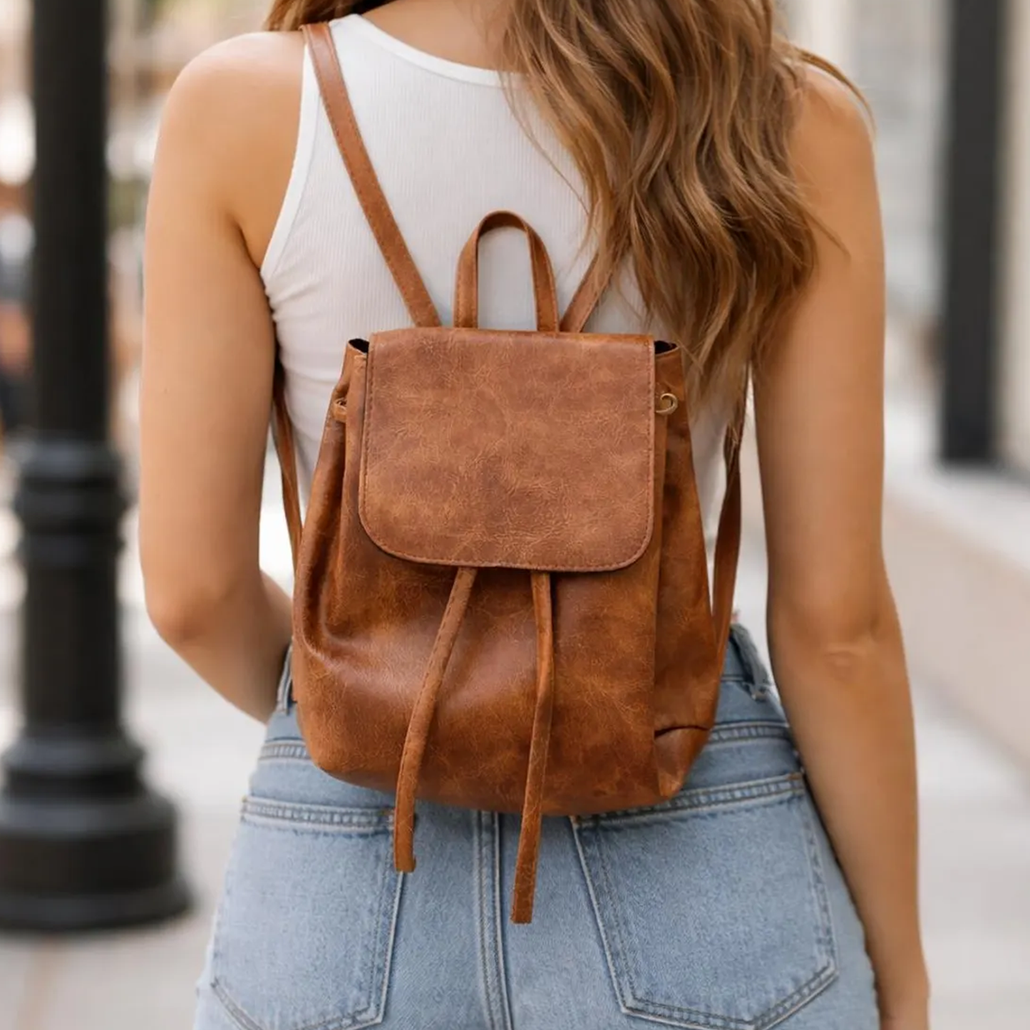 Weathered Warm Brown Vintage Mini Drawstring Backpack With Overlay Front Flap, Side Slip Storage Pockets And Short Top Carry Loop Grip