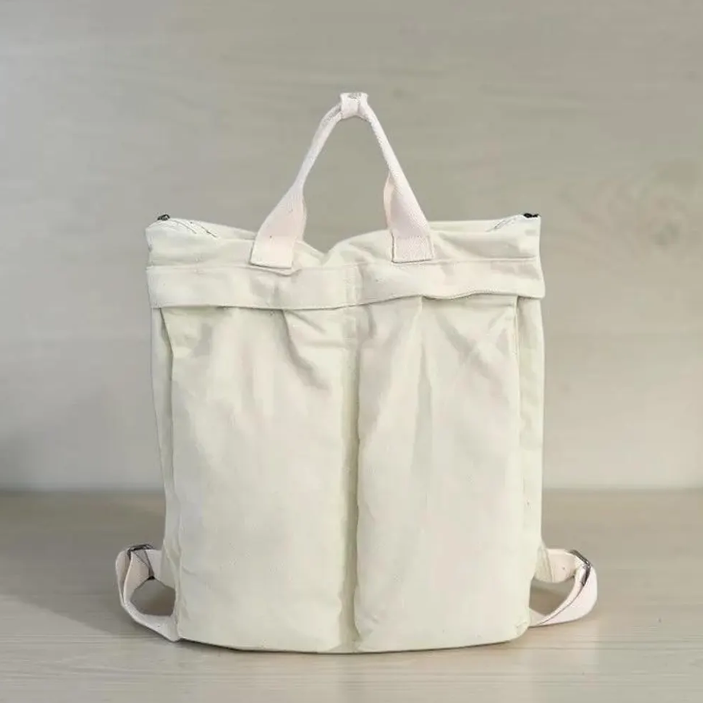 Triple Neutral Tone Fold-Top Expandable Backpack With Centered Fabric Carry Loop, Divided Front Storage Panels And Collapsible Lightweight Silhouette
