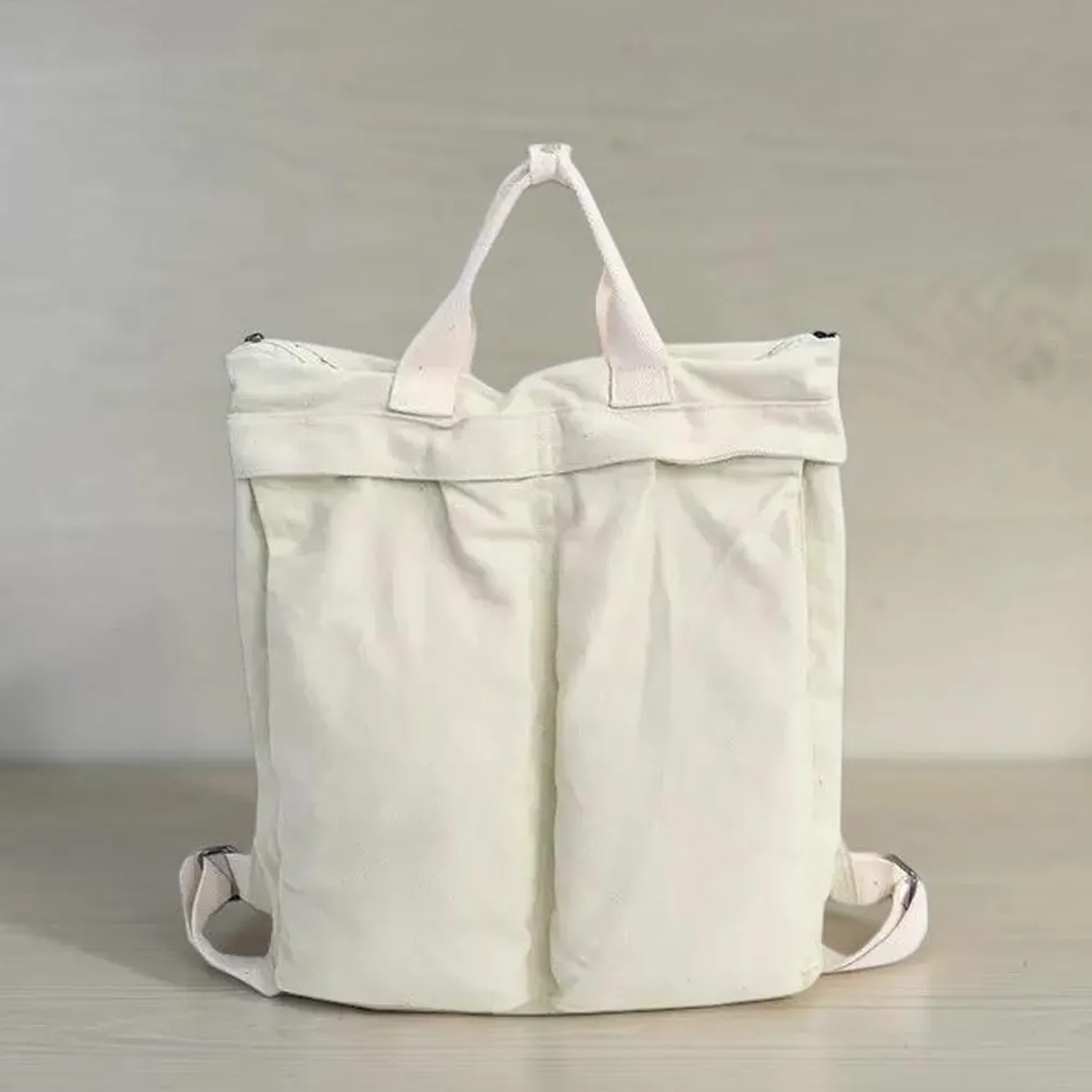 Triple Neutral Tone Fold-Top Expandable Backpack With Centered Fabric Carry Loop, Divided Front Storage Panels And Collapsible Lightweight Silhouette